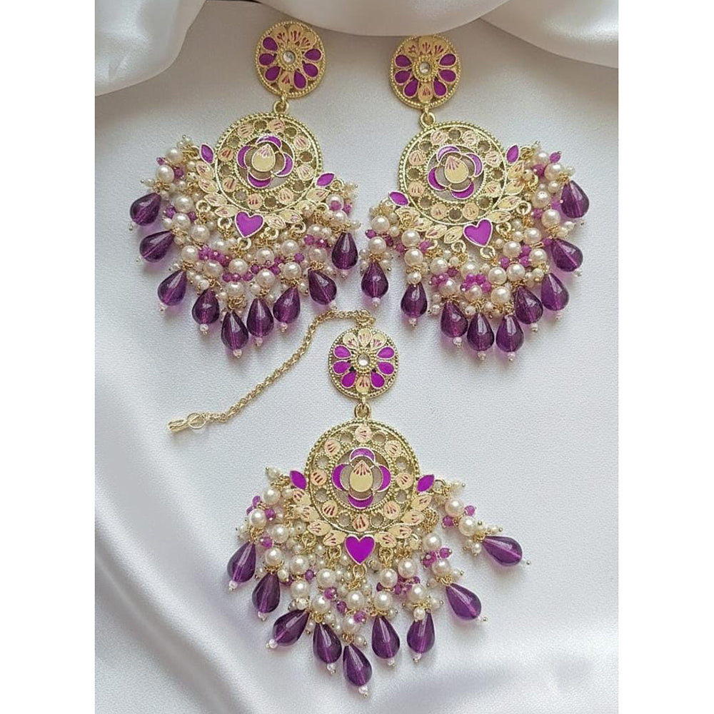 Sanshray Traditional Pearl Meenakari Dangler Earrings With Maangtikka