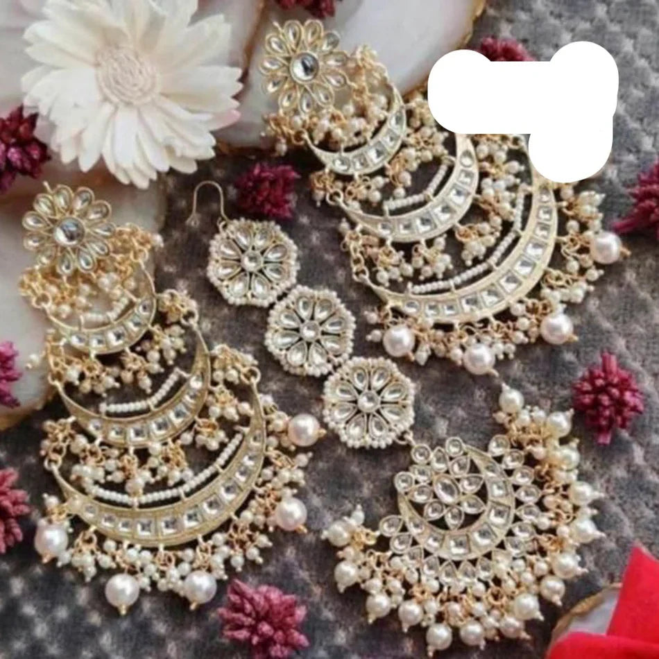 Darshana Jewels Gold Plated Kundan Stone And Beads Dangler Earrings With Maangtikka