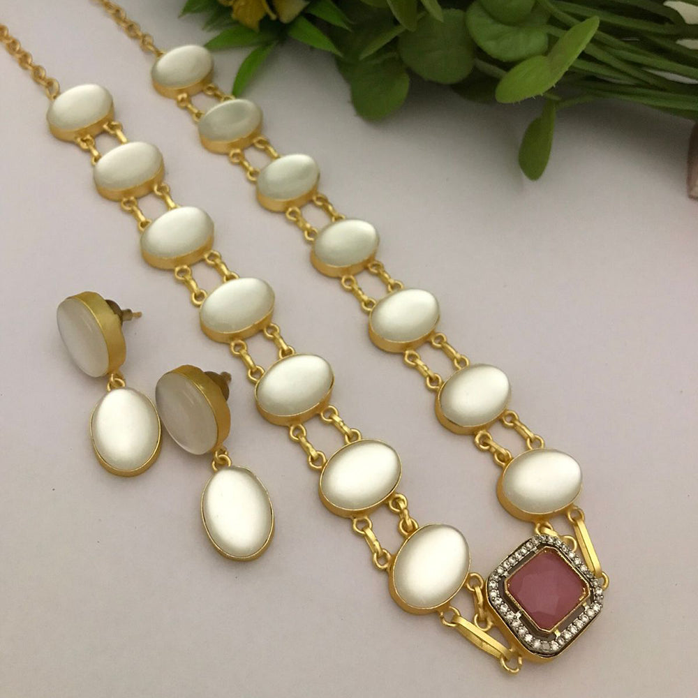 FS Collection Gold Plated Monalisa Stone Long Necklace Set