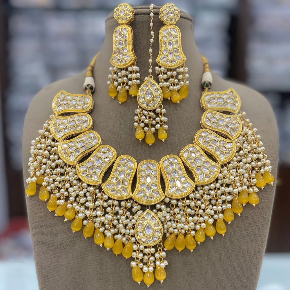 FS Collection Gold Plated Kundan Pearl And Beads Necklace Set