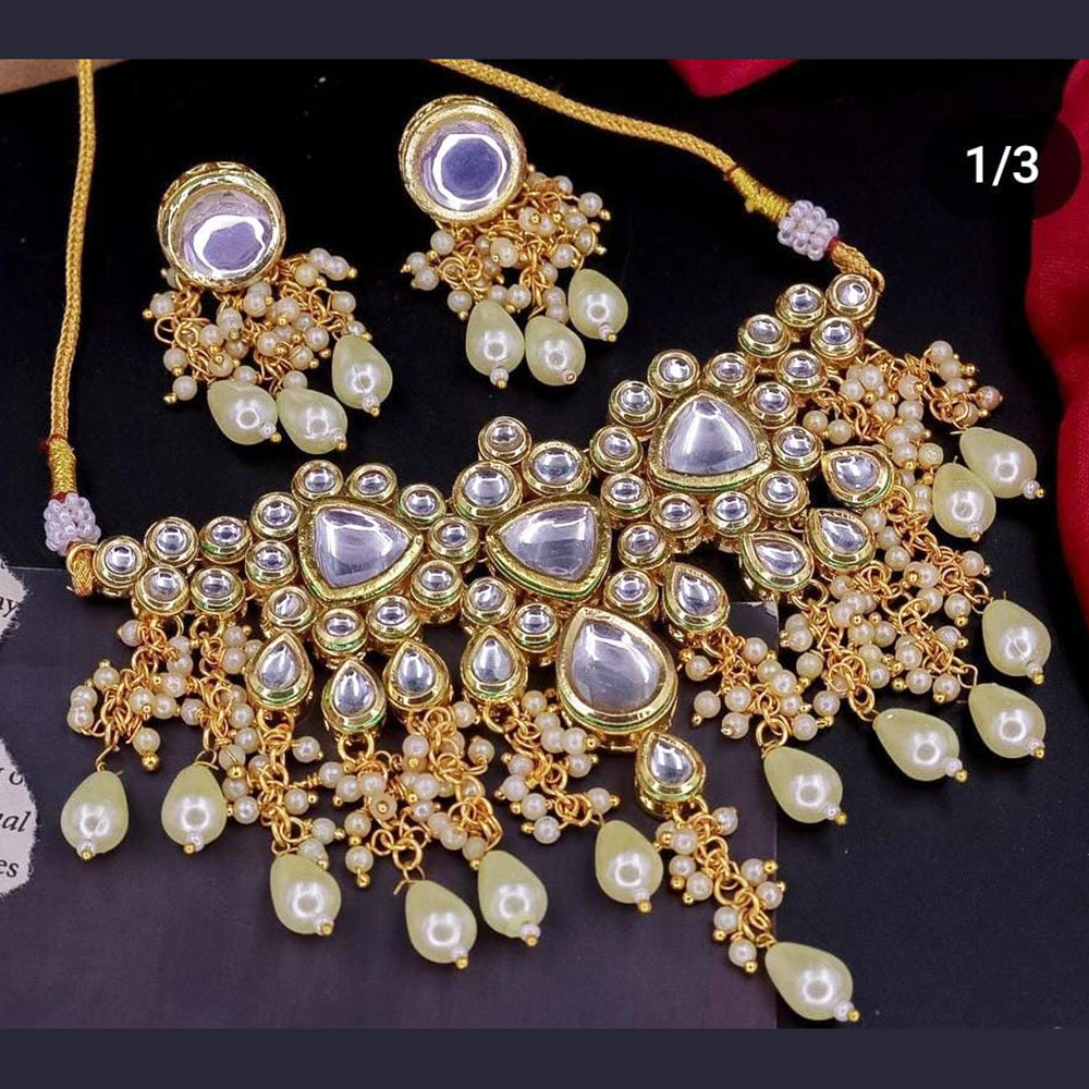 FS Collection Gold Plated Kundan Pearl And Beads Necklace Set