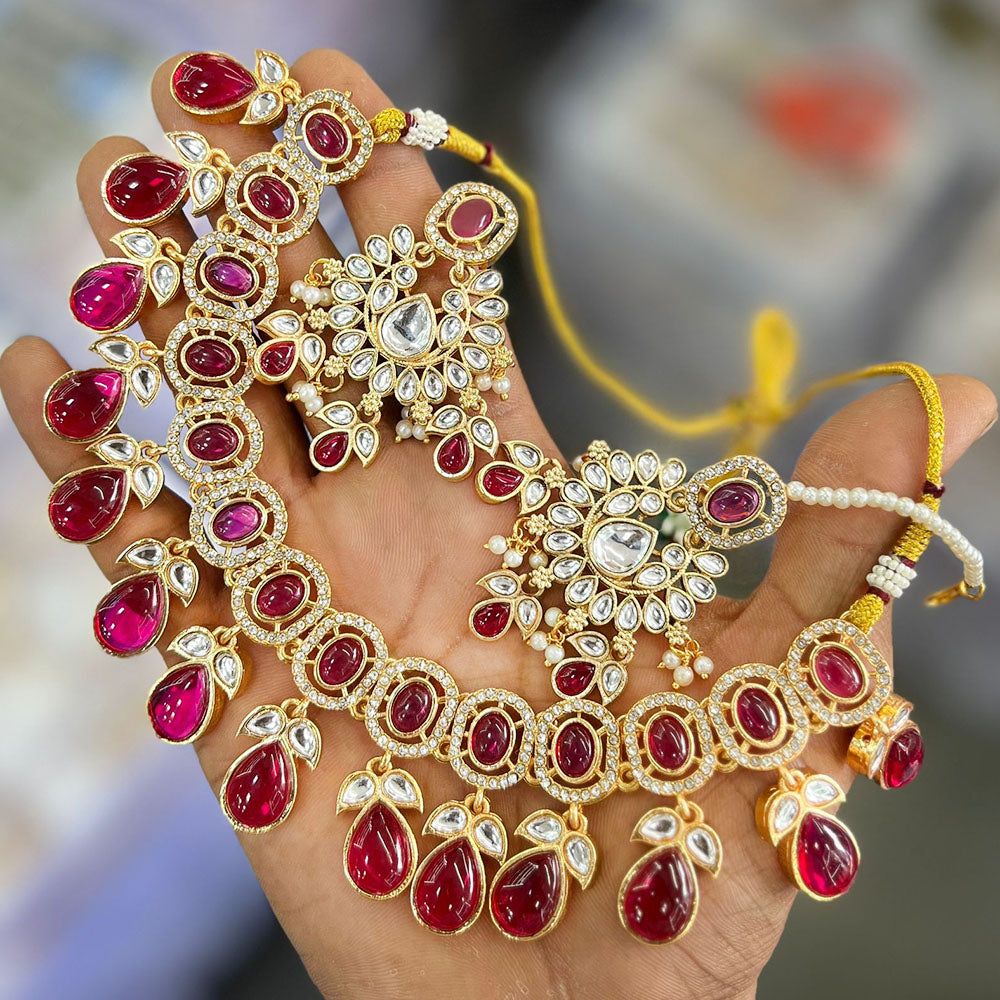 FS Collection Gold Plated Kundan Stone Necklace Set
