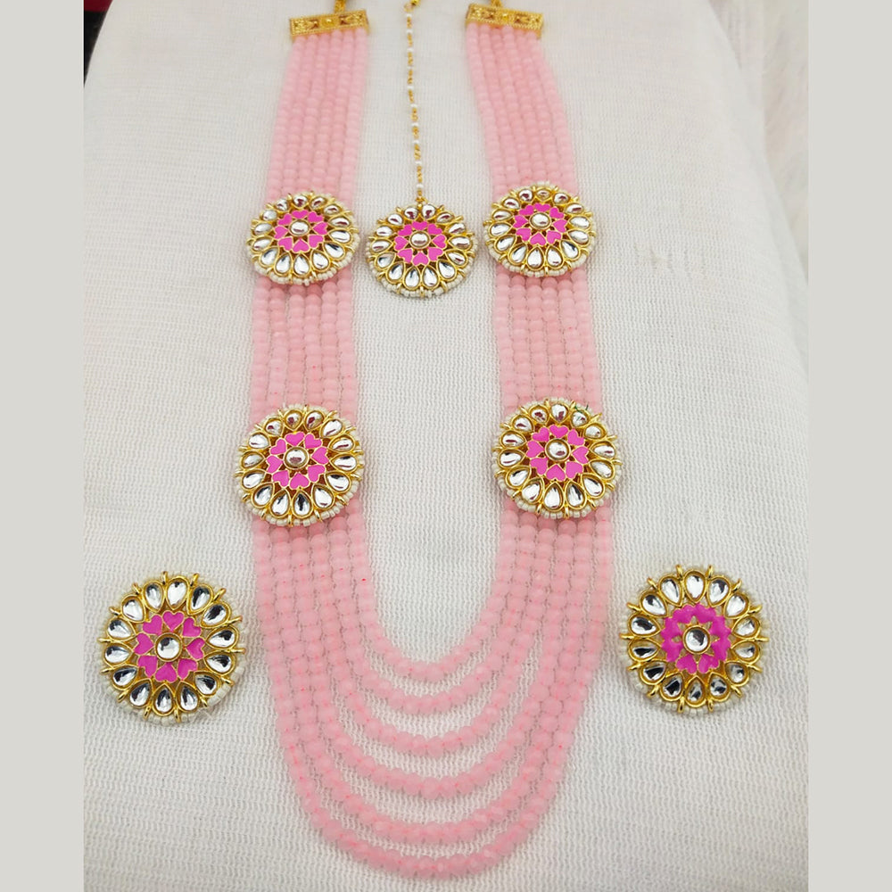 FS Collection Gold Plated Kundan And Beads Multi Layer Long Necklace Set