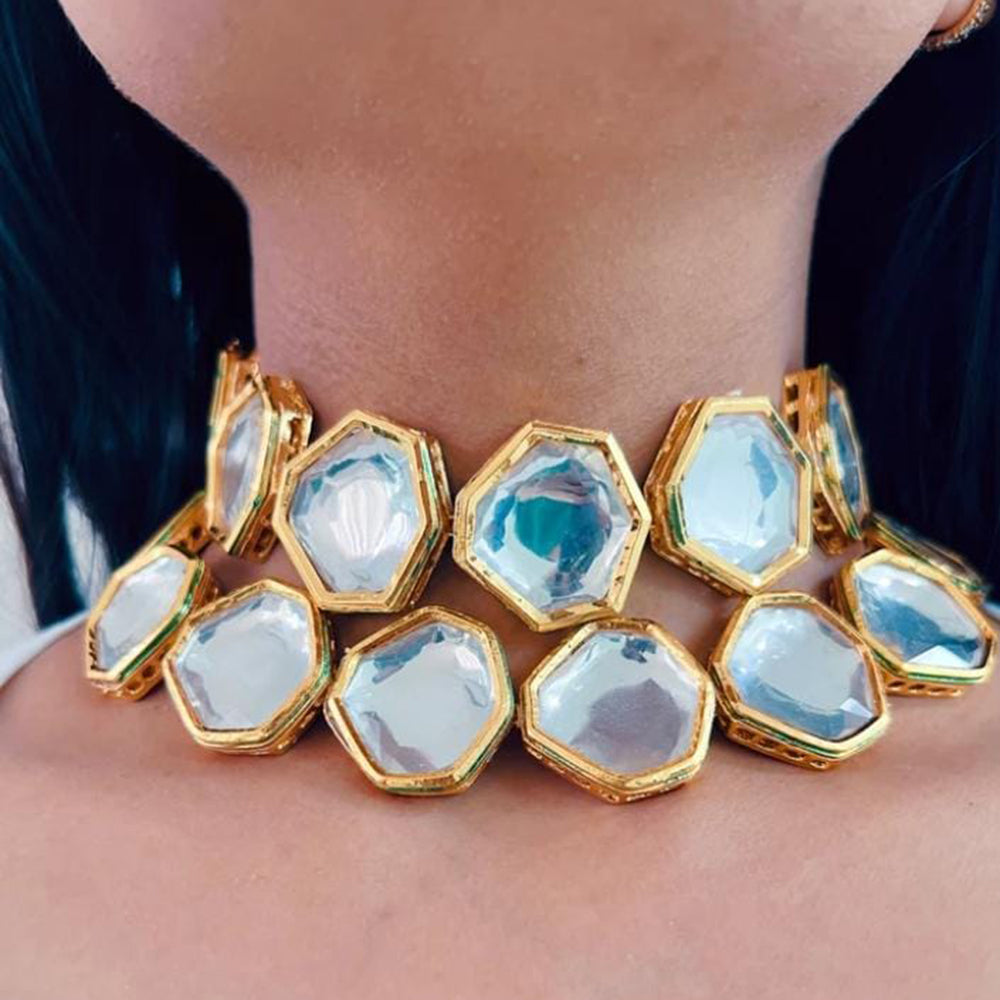 FS Collection Gold Plated Crystal Stone Choker Necklace Set