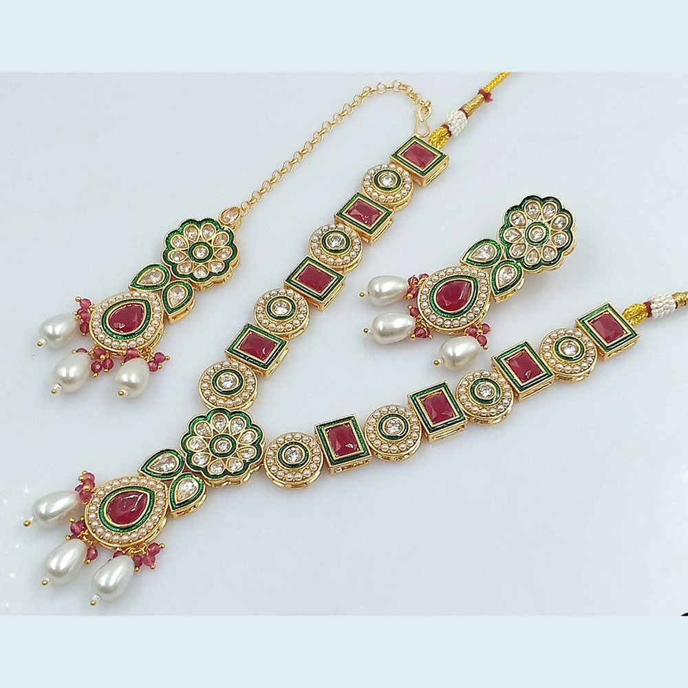 FS Collection Gold Plated Crystal Stone And Meenakari Necklace Set