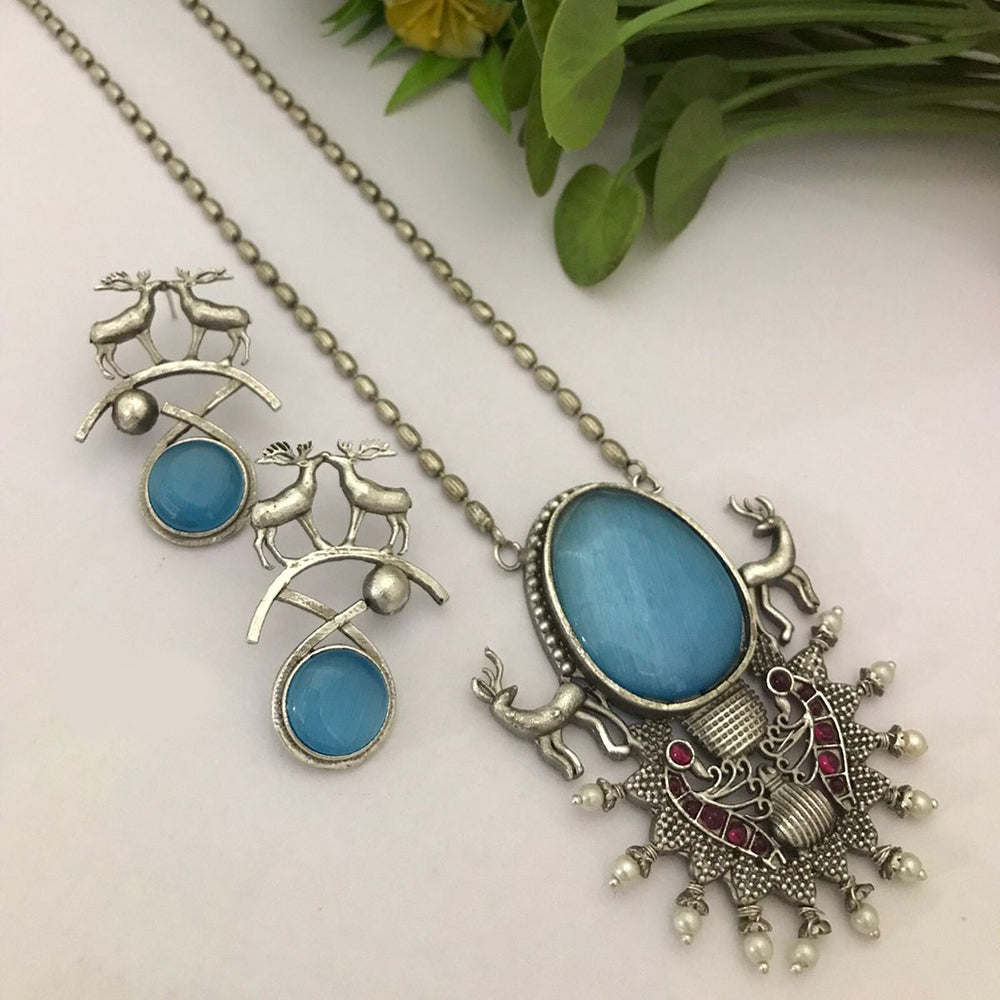 FS Collection Oxidised Plated Pota Stone Long Necklace Set