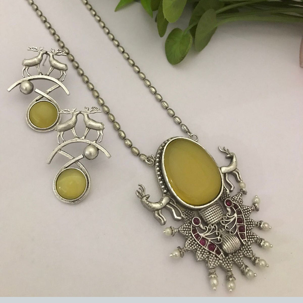 FS Collection Oxidised Plated Pota Stone Long Necklace Set