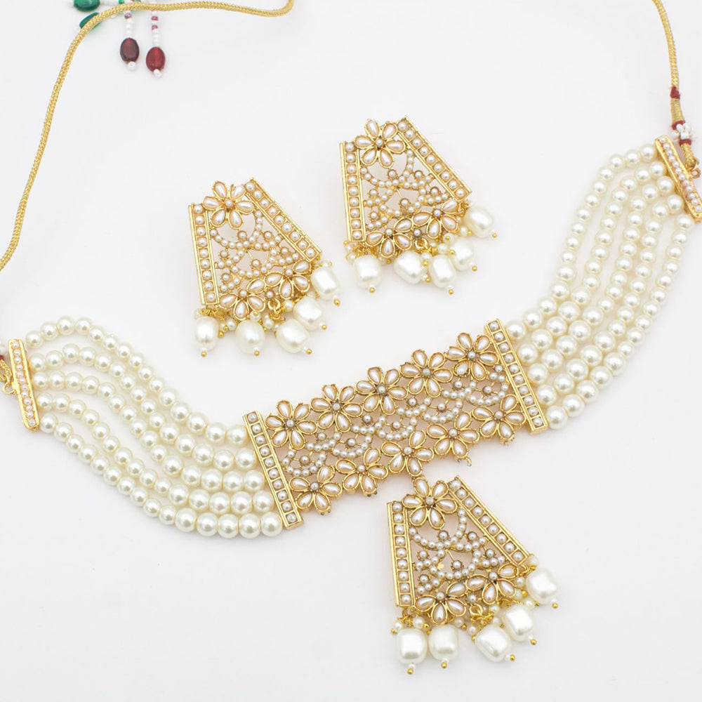FS Collection Gold Plated Pearls Choker Necklace Set