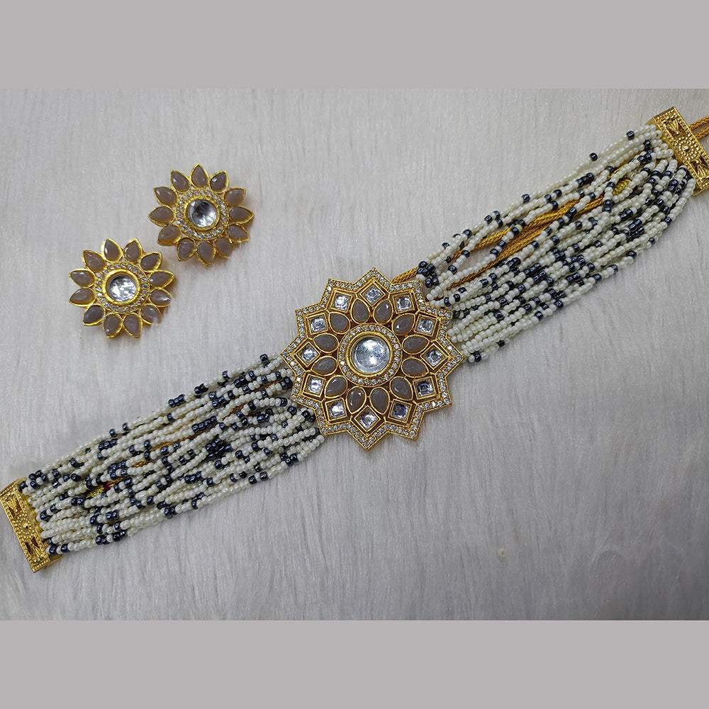 FS Collection Gold Plated Kundan Stone And Pearl Choker Necklace Set