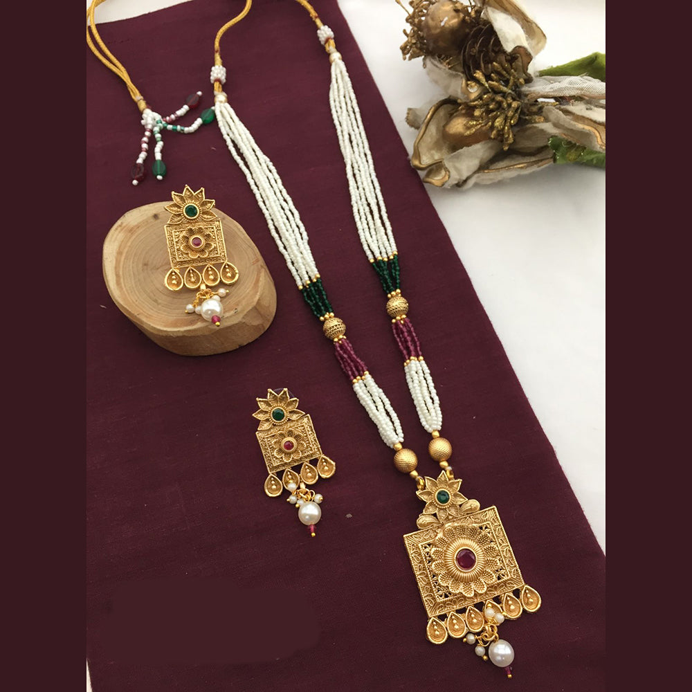 FS Collection Gold Plated Pota Stone And Pearl Long Necklace Set