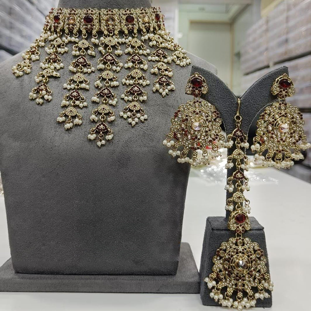 FS Collection Gold Plated Kundan Stone And Pearl Choker Necklace Set