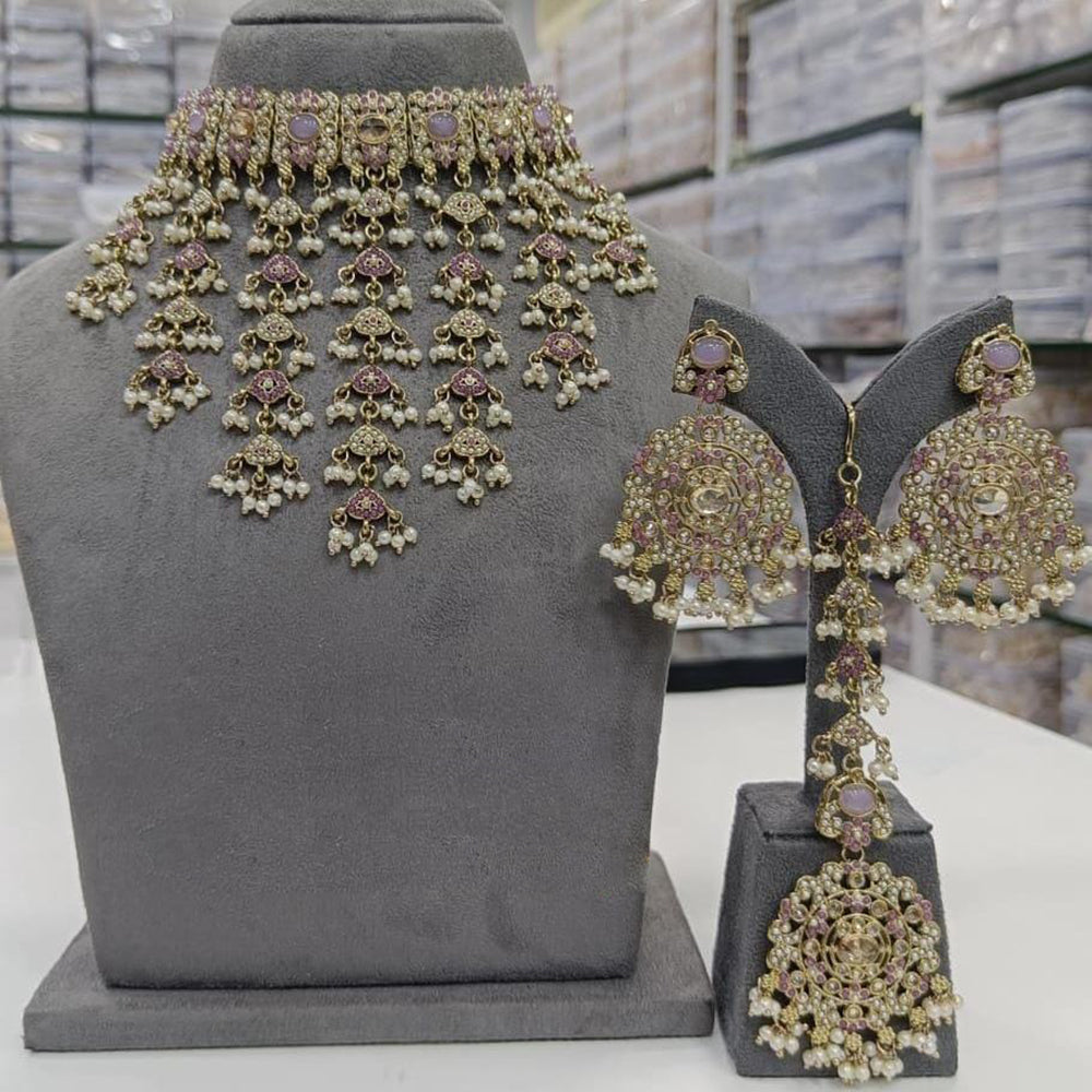 FS Collection Gold Plated Kundan Stone And Pearl Choker Necklace Set