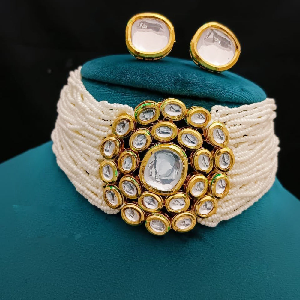 FS Collection Gold Plated Kundan Stone And Pearl Choker Necklace Set