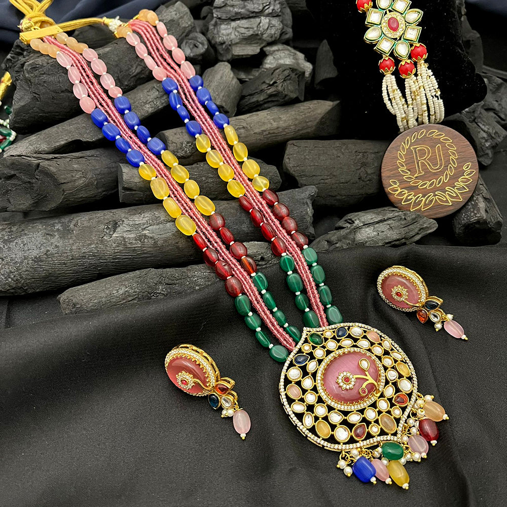 FS Collection Gold Plated Kundan Stone Long Necklace Set