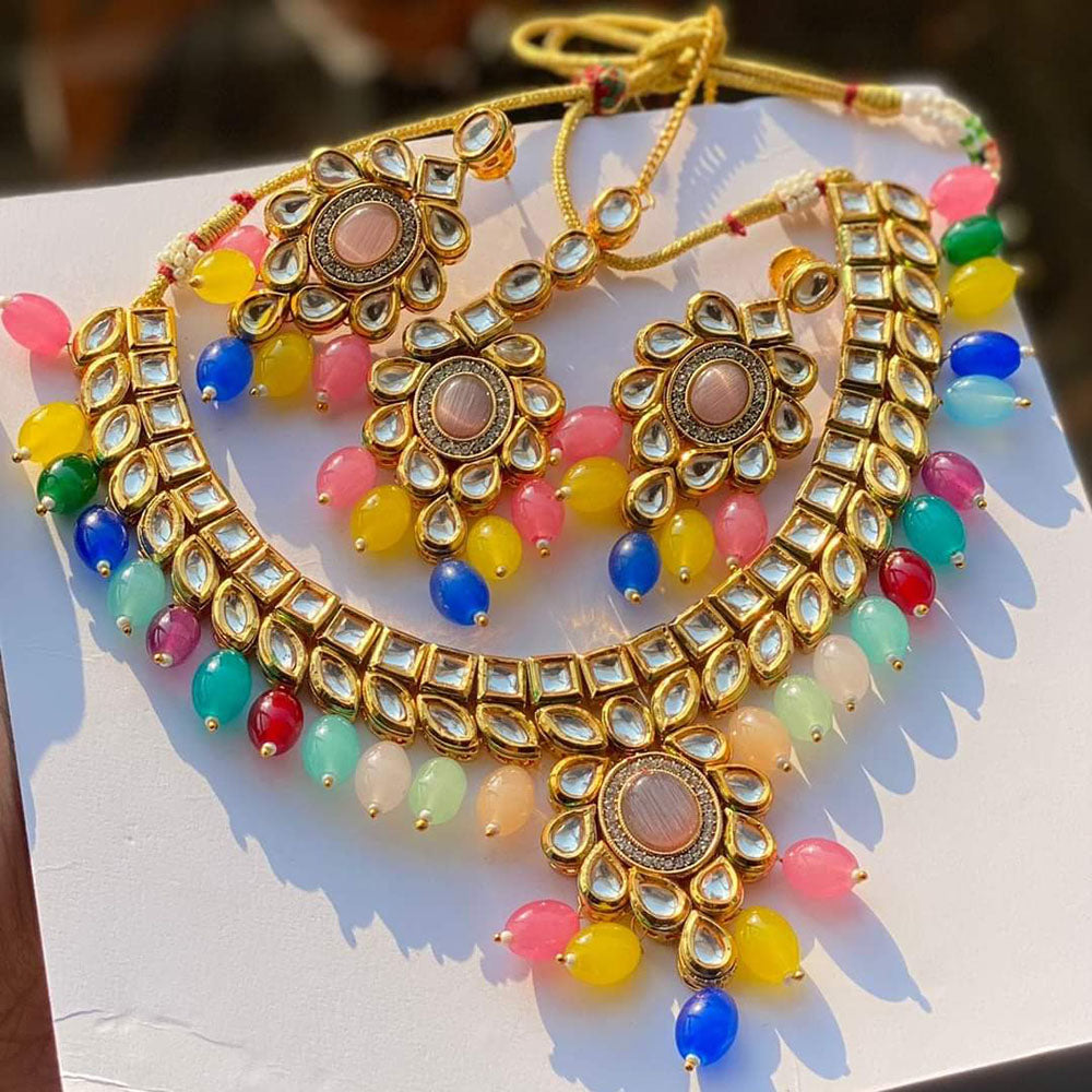 FS Collection Gold Plated Kundan Stone And Beads Necklace Set