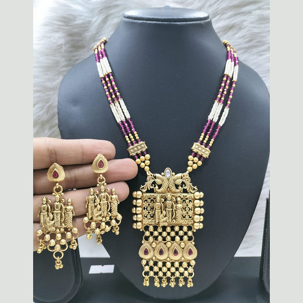 FS Collection Gold Plated Pota Stone Temple Necklace Set