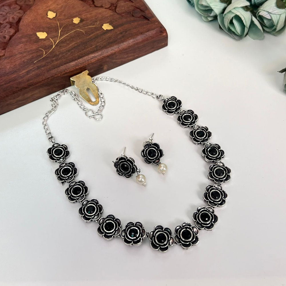 FS Collection Oxidised Plated Pota Stone Necklace Set