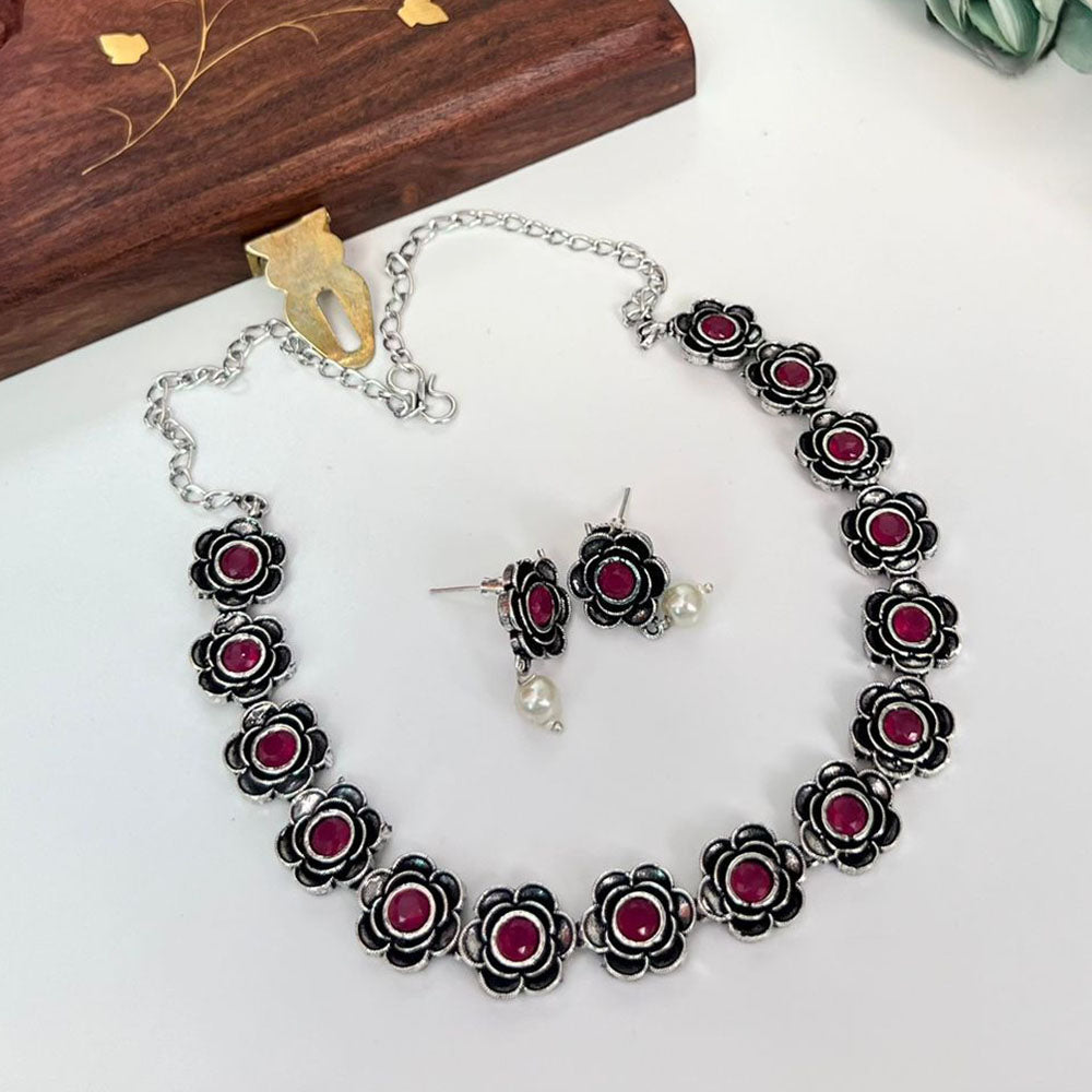 FS Collection Oxidised Plated Pota Stone Necklace Set