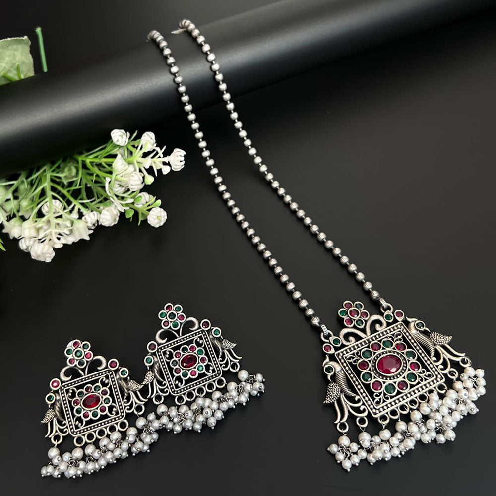 FS Collection Oxidised Plated Pota Stone And Pearl Necklace Set