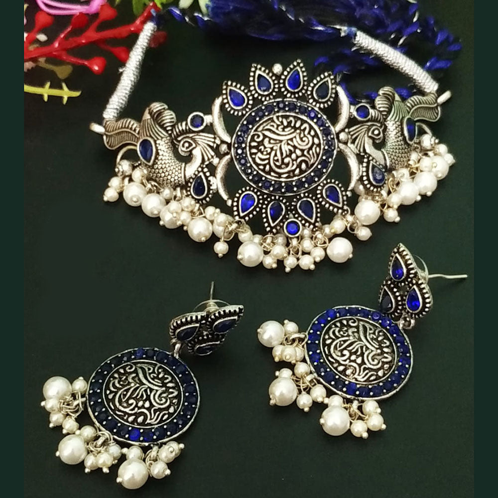 FS Collection Oxidised Plated Pota Stone And Pearl Choker Necklace Set