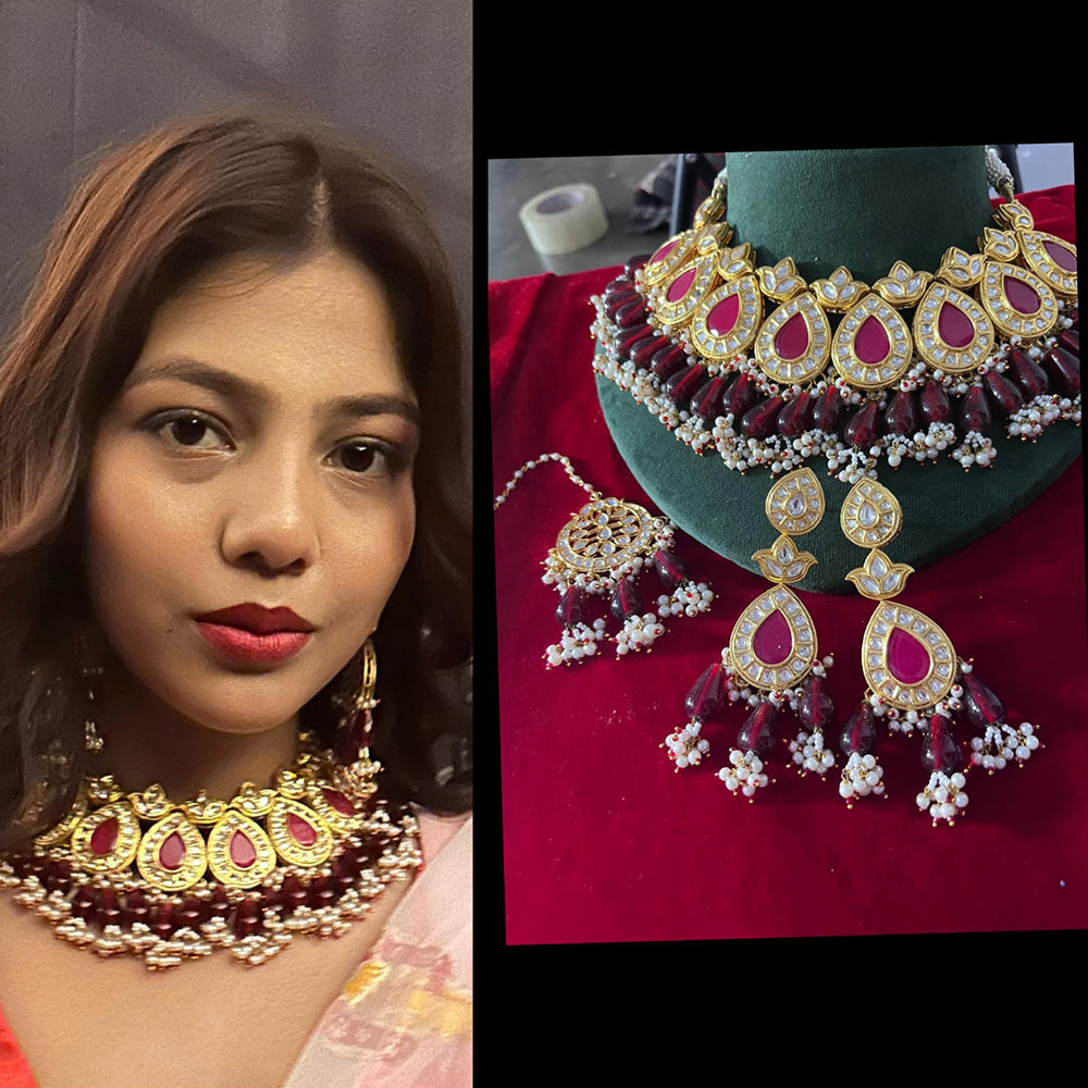 FS Collection Gold Plated Kundan and Beads Necklace Set
