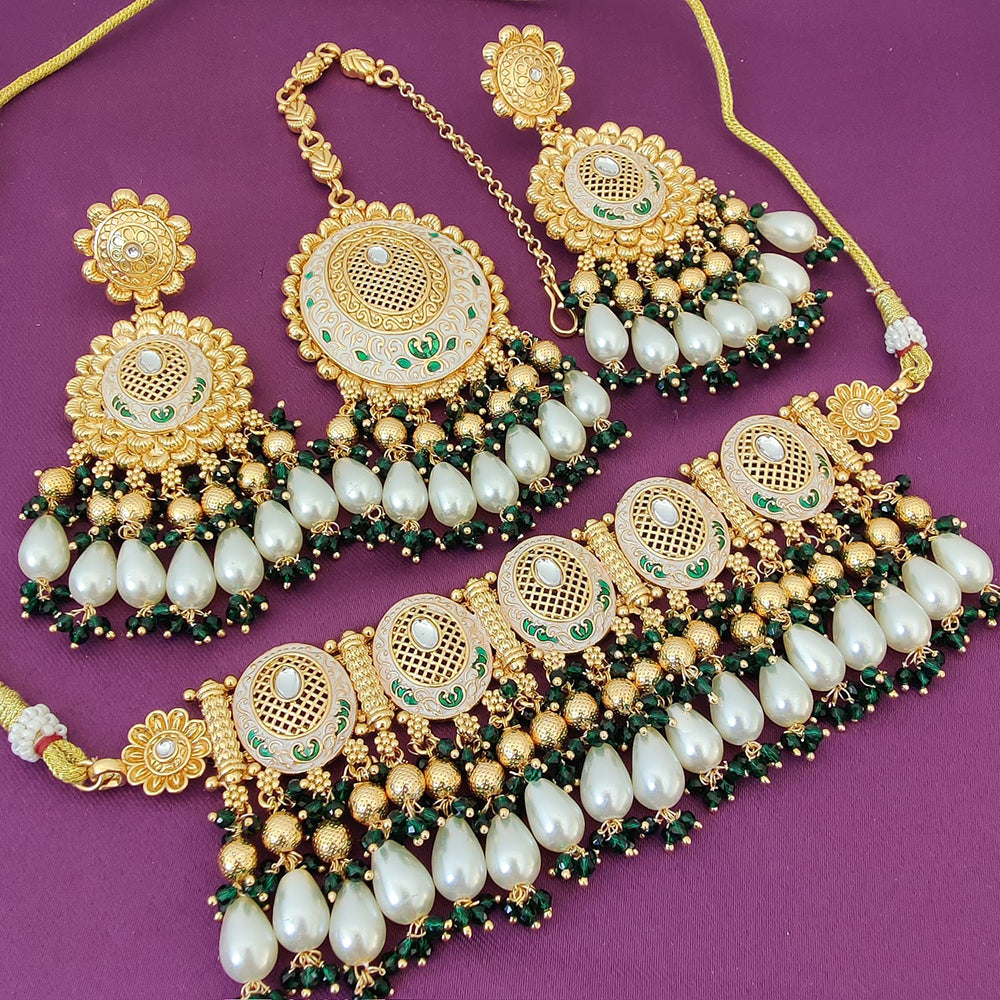 FS Collection Gold Plated Kundan And Meenakari Choker Necklace Set