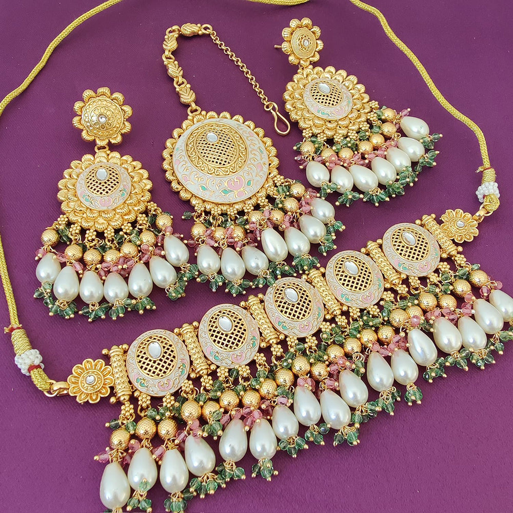 FS Collection Gold Plated Kundan And Meenakari Choker Necklace Set