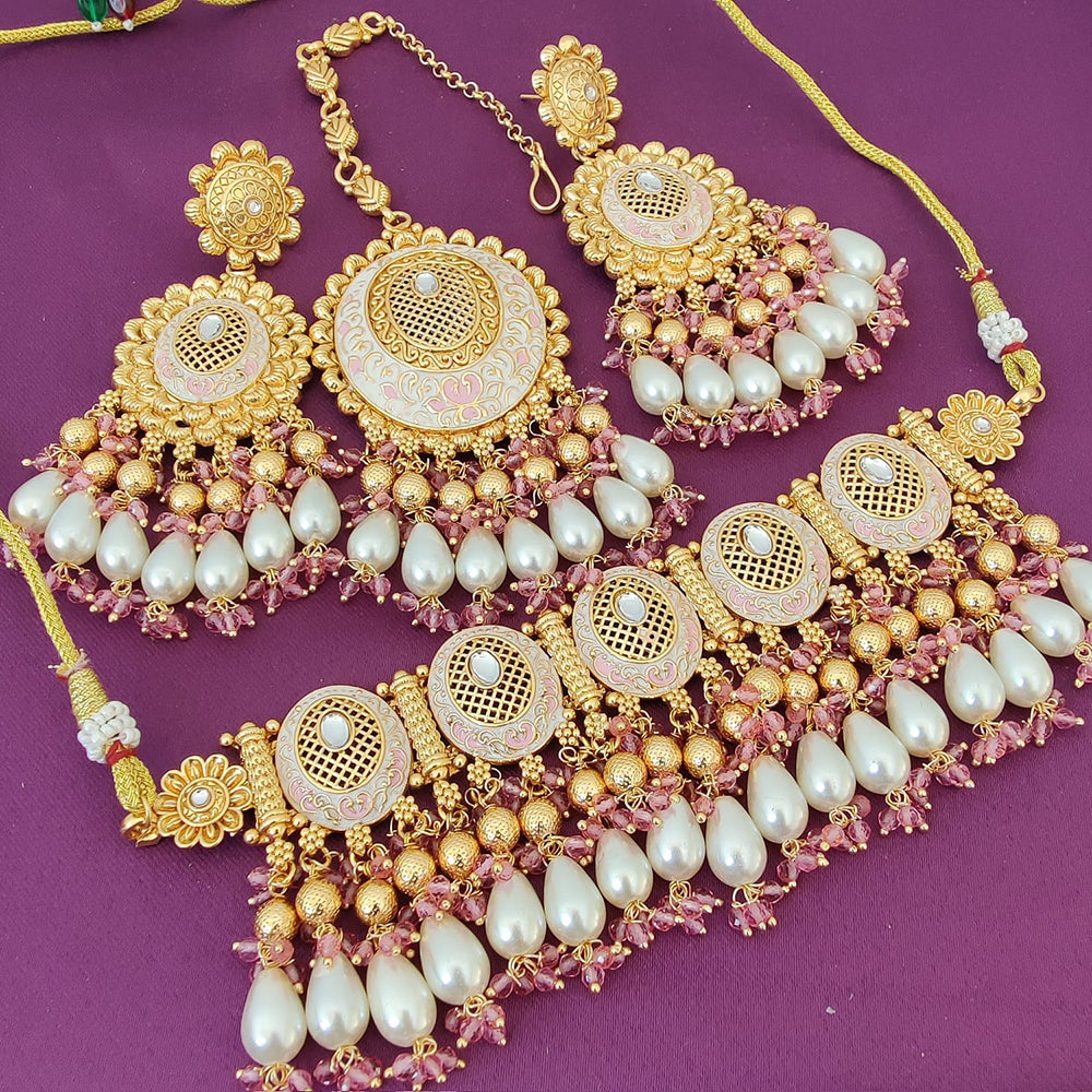 FS Collection Gold Plated Kundan And Meenakari Choker Necklace Set