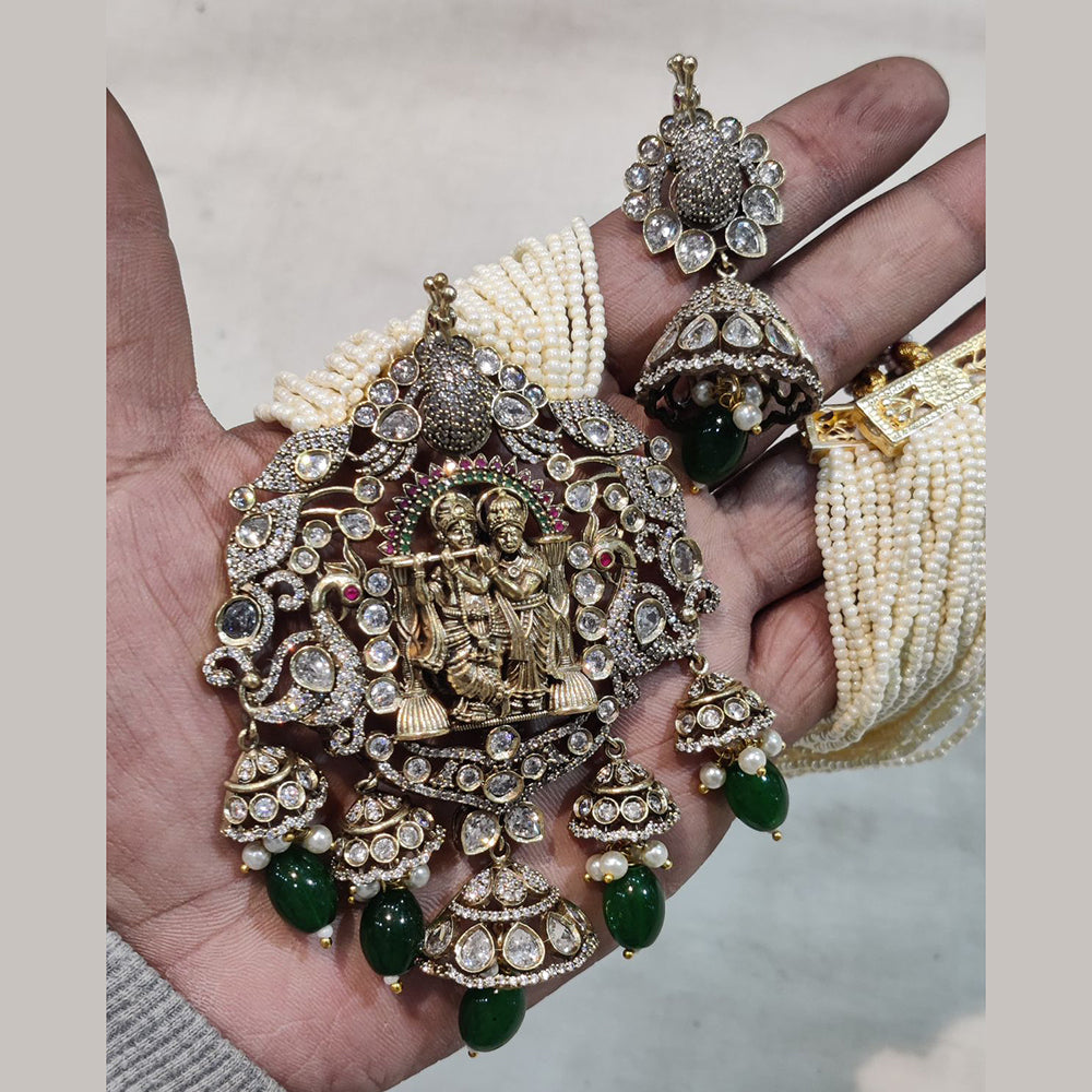 FS Collection Gold Plated AD Temple And Pearls Long Necklace Set