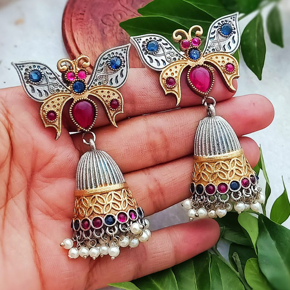 FS Collection 2 Tone Crystal Stone And Pearls Jhumki Earrings