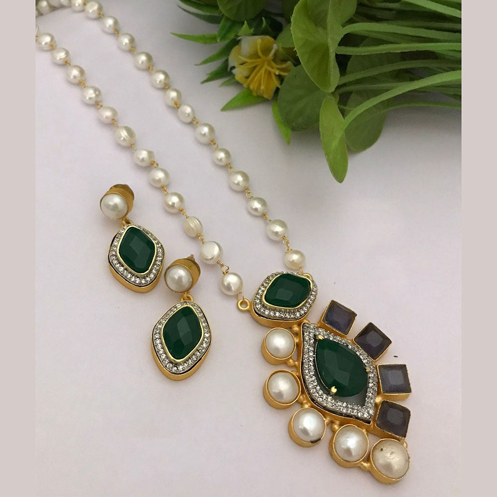 FS Collection Gold Plated Austrian Stone And Pearls Long Necklace Set