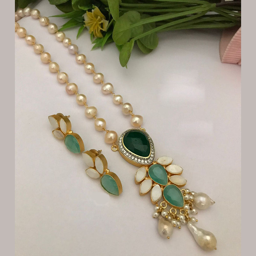 FS Collection Gold Plated Austrian Stone And Pearls Long Necklace Set