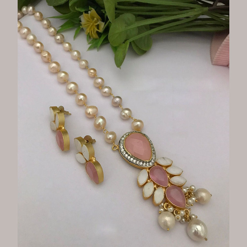 FS Collection Gold Plated Austrian Stone And Pearls Long Necklace Set