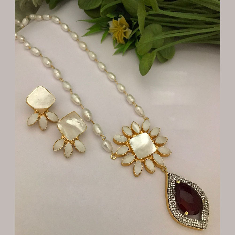 FS Collection Gold Plated Austrian Stone And Pearls Long Necklace Set