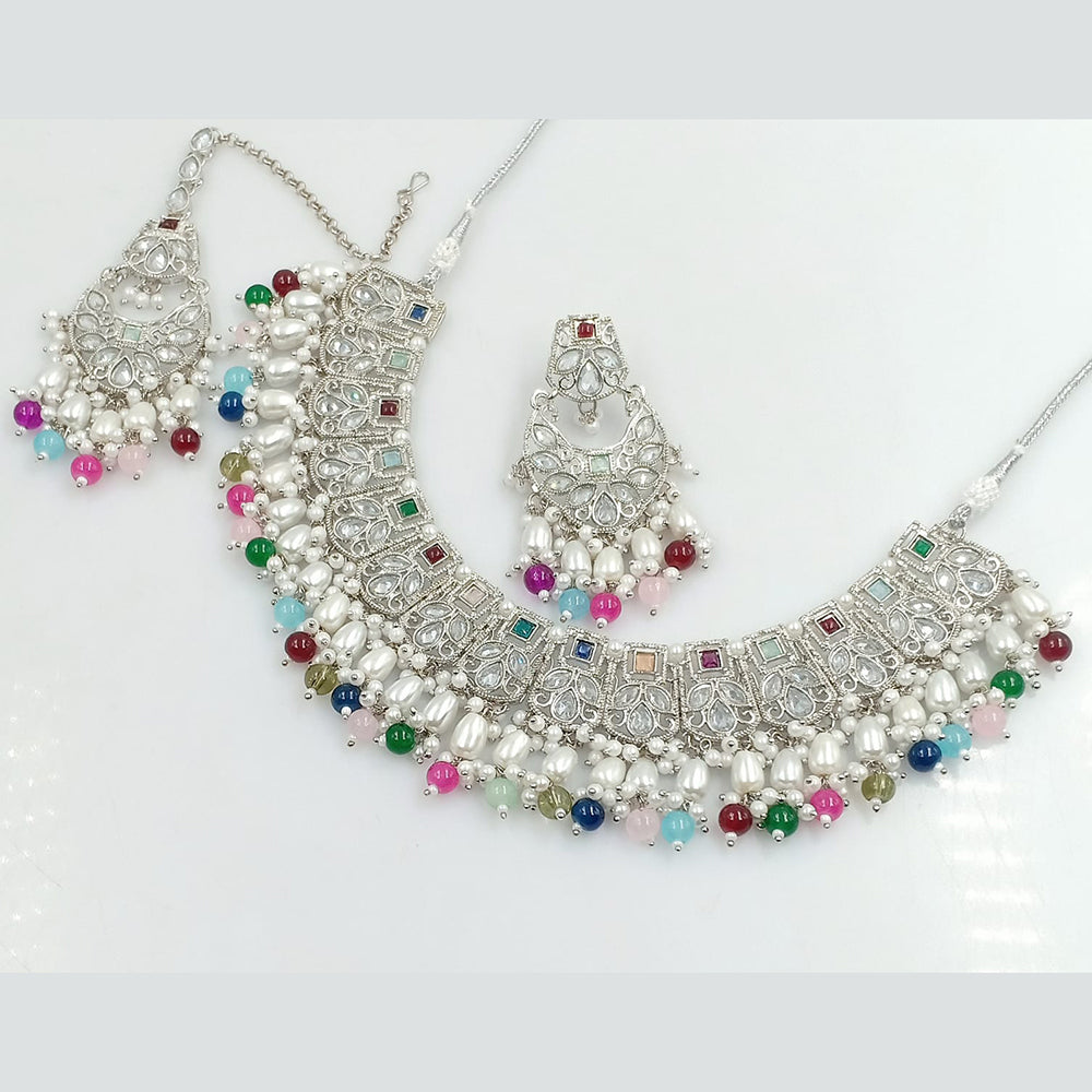 FS Collection Silver Plated Crystal Stone And pearls Necklace Set
