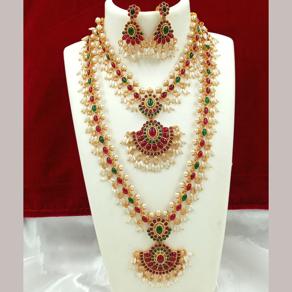 FS Collection Gold Plated Kundan And Pearls Double Necklace Set