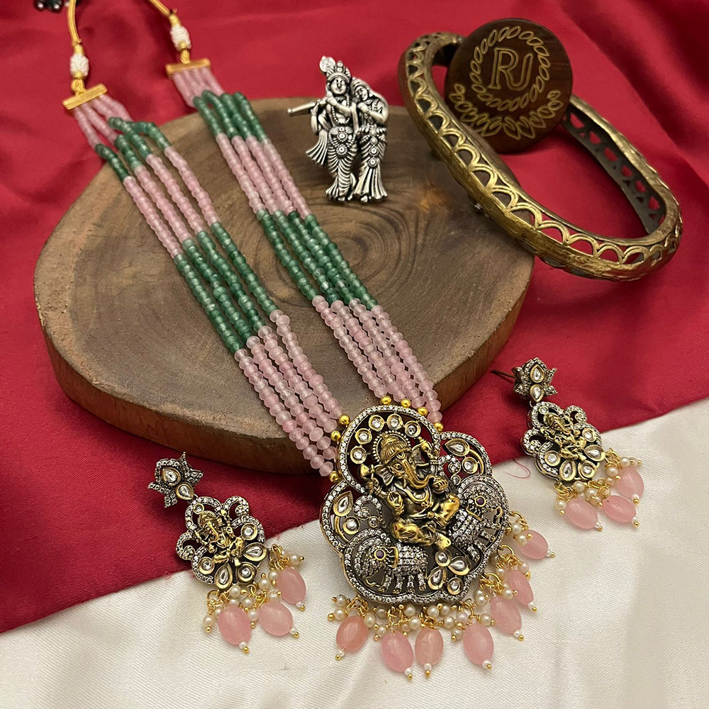 FS Collection Gold Plated Polki Kundan Pearls Lord Ganesha Necklace Set