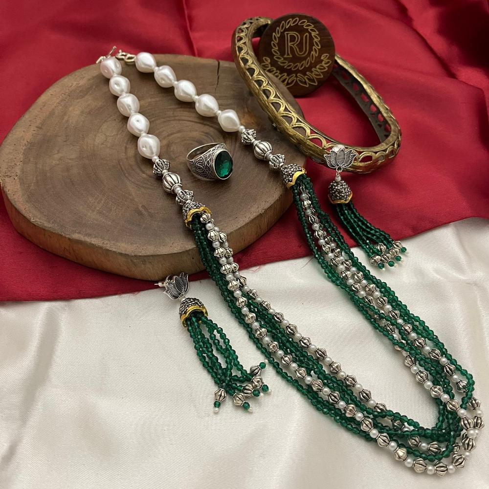 FS Collection Oxidised Plated Pearl And Beads Long Necklace Set