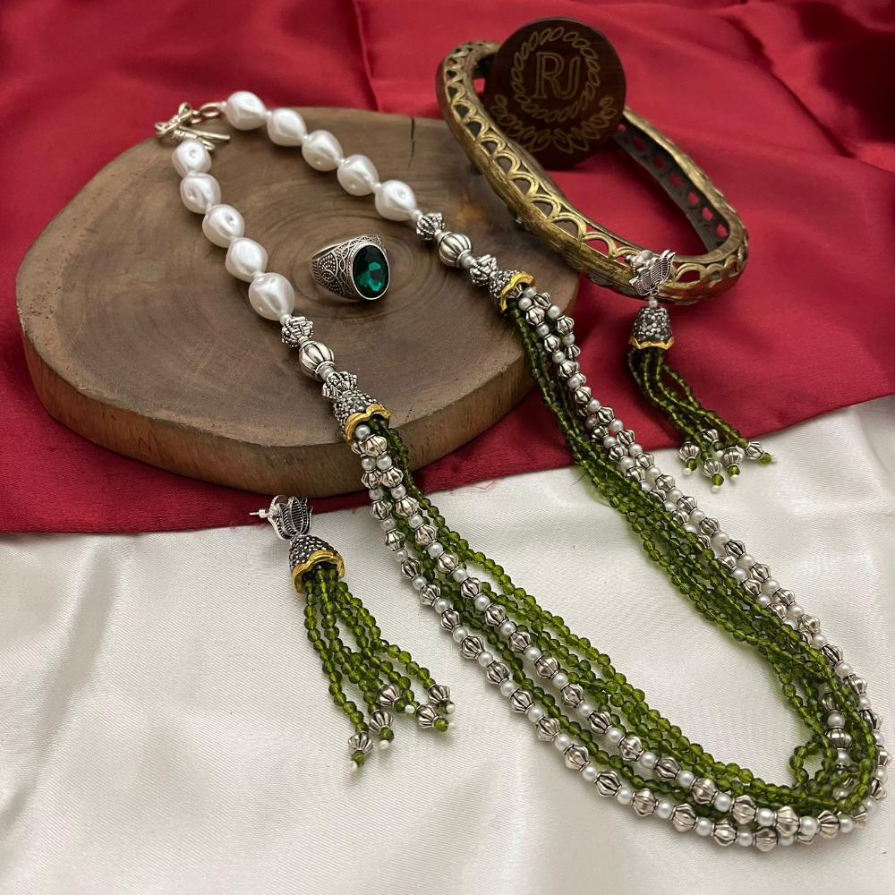 FS Collection Oxidised Plated Pearl And Beads Long Necklace Set