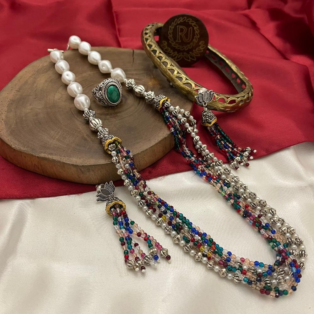 FS Collection Oxidised Plated Pearl And Beads Long Necklace Set
