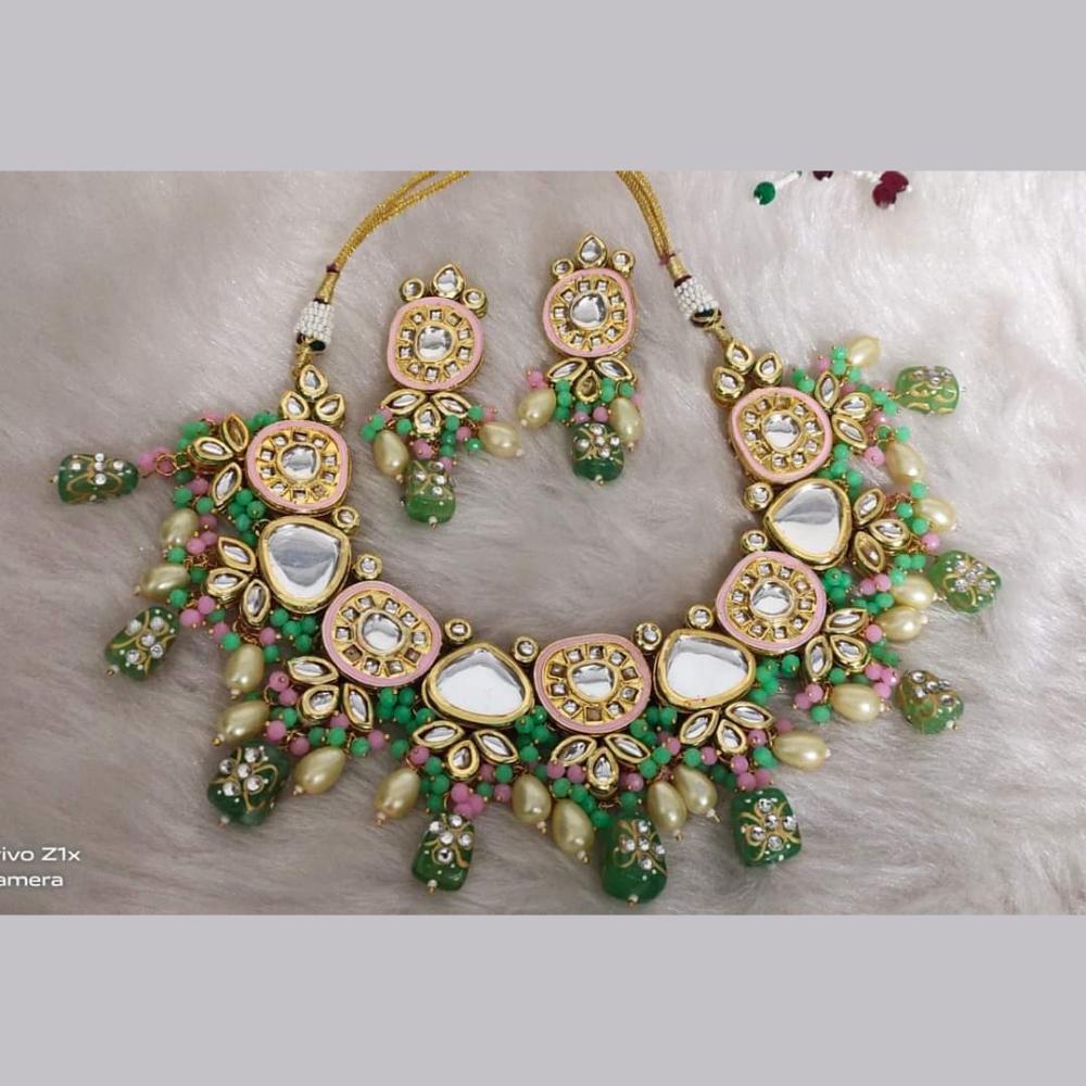 FS Collection Gold Plated Kundan Stone And Beads Necklace Set
