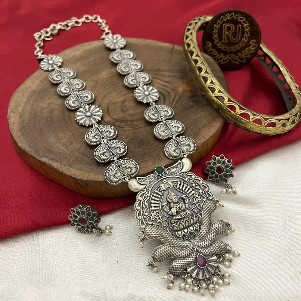 FS Collection Oxidised Plated Pota Stone Temple Necklace Set
