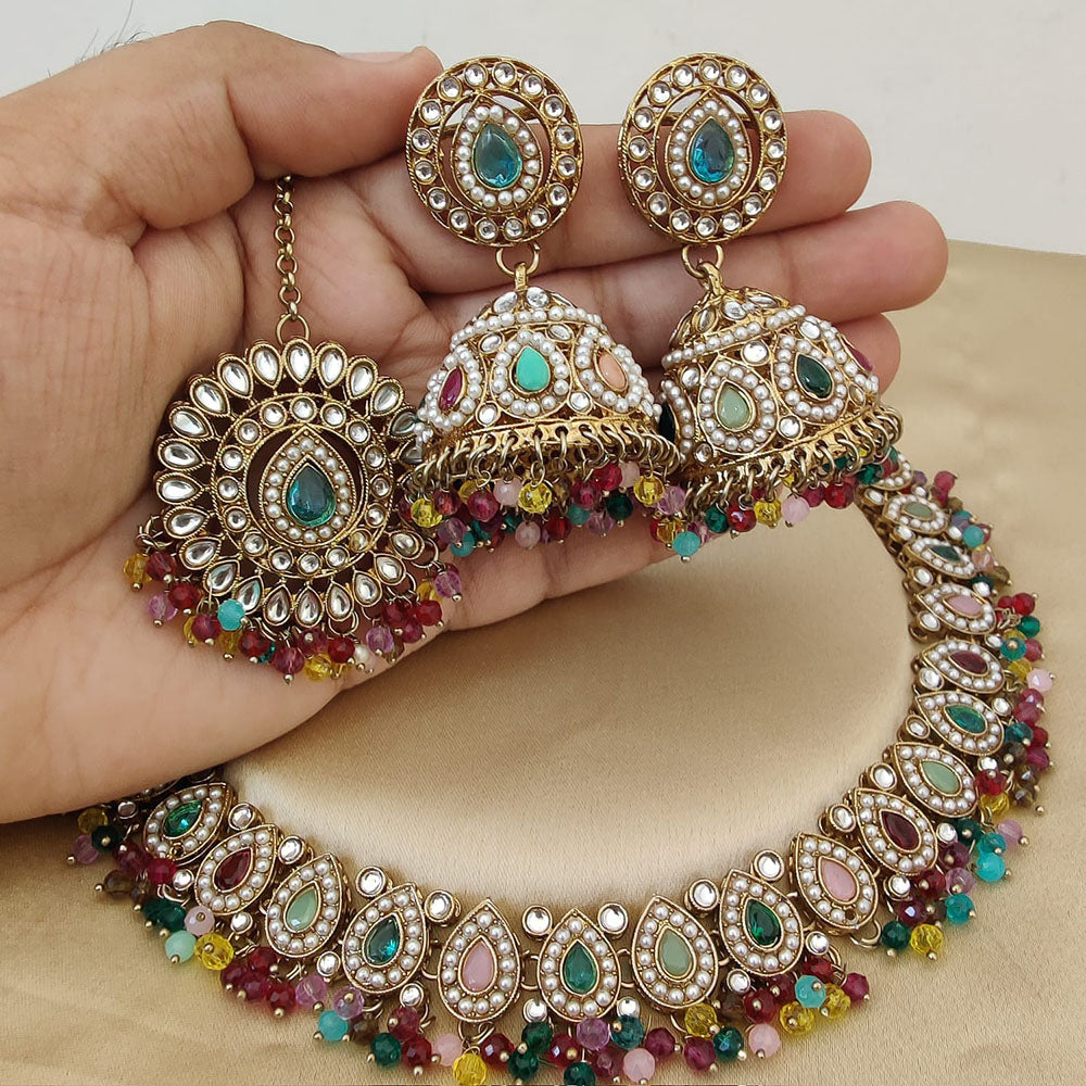 FS Collection Gold Plated Kundan Stone And Pearls Necklace Set