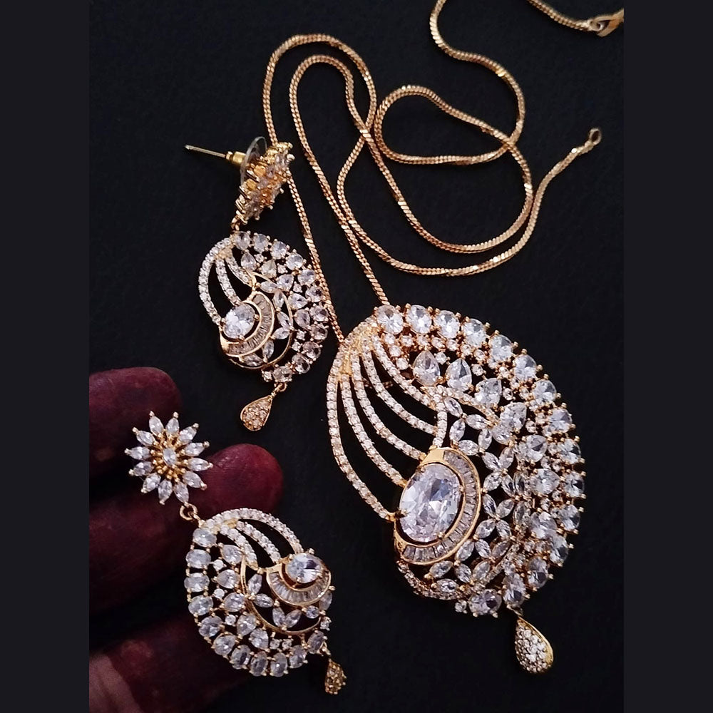 FS Collection Rose Gold Plated American Diamond Chain Pendant Set