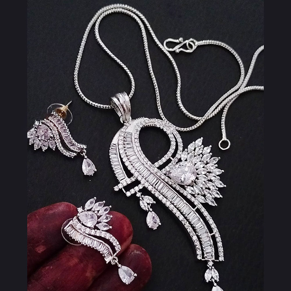 FS Collection Silver Plated American Diamond Chain Pendant Set