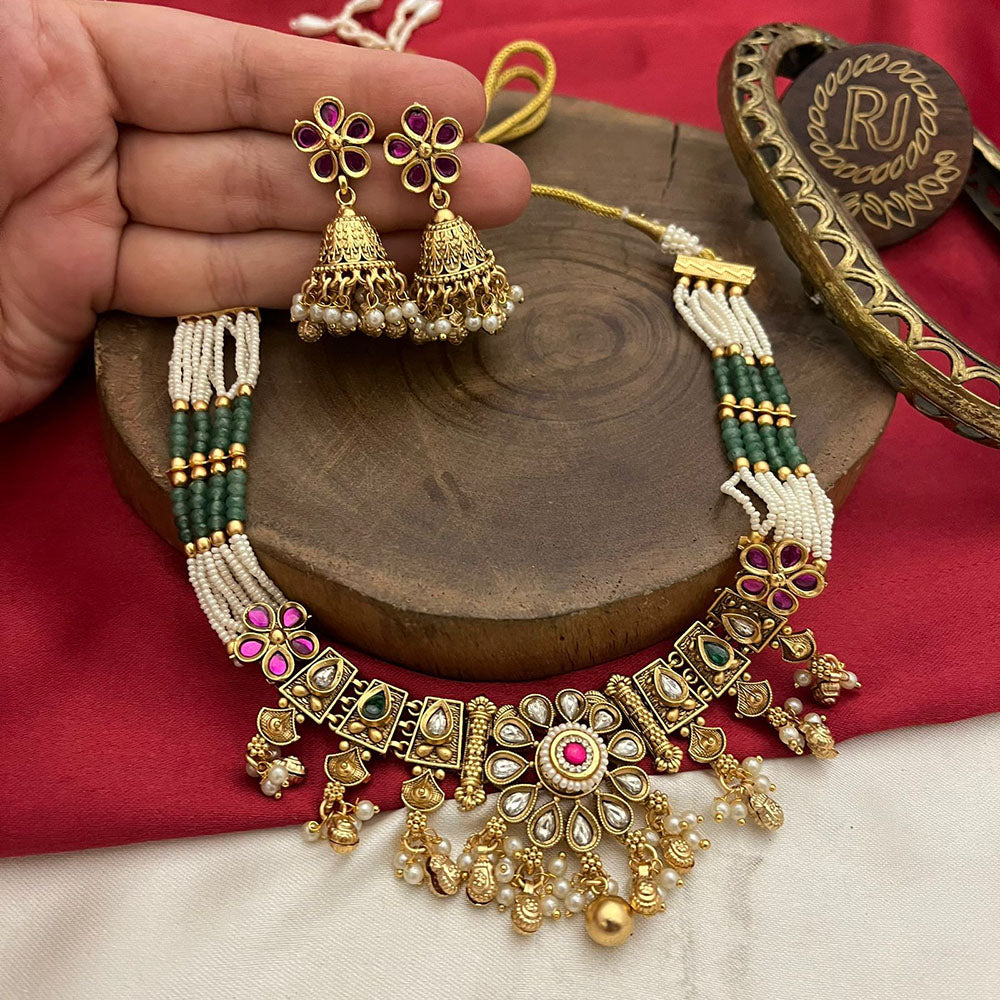 FS Collection Gold Plated Pota Stone And Pearls Necklace Set