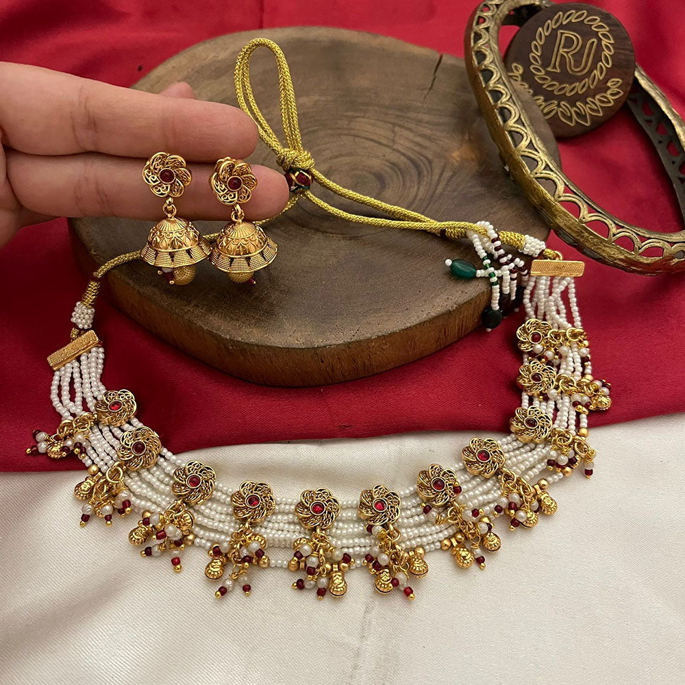 FS Collection Gold Plated Pota Stone And Pearls Necklace Set