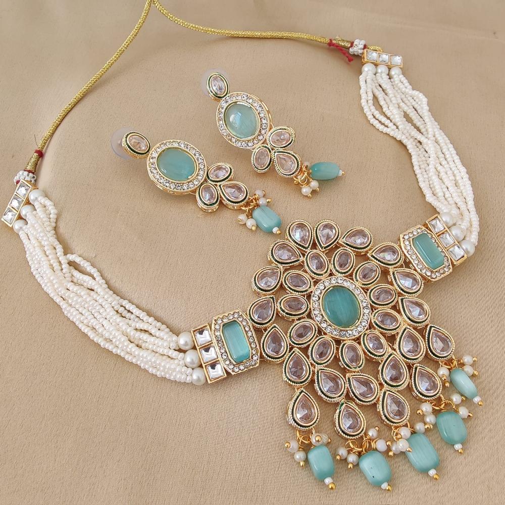 FS Collection Gold Plated Crystal Stone And Beads Choker Necklace Set