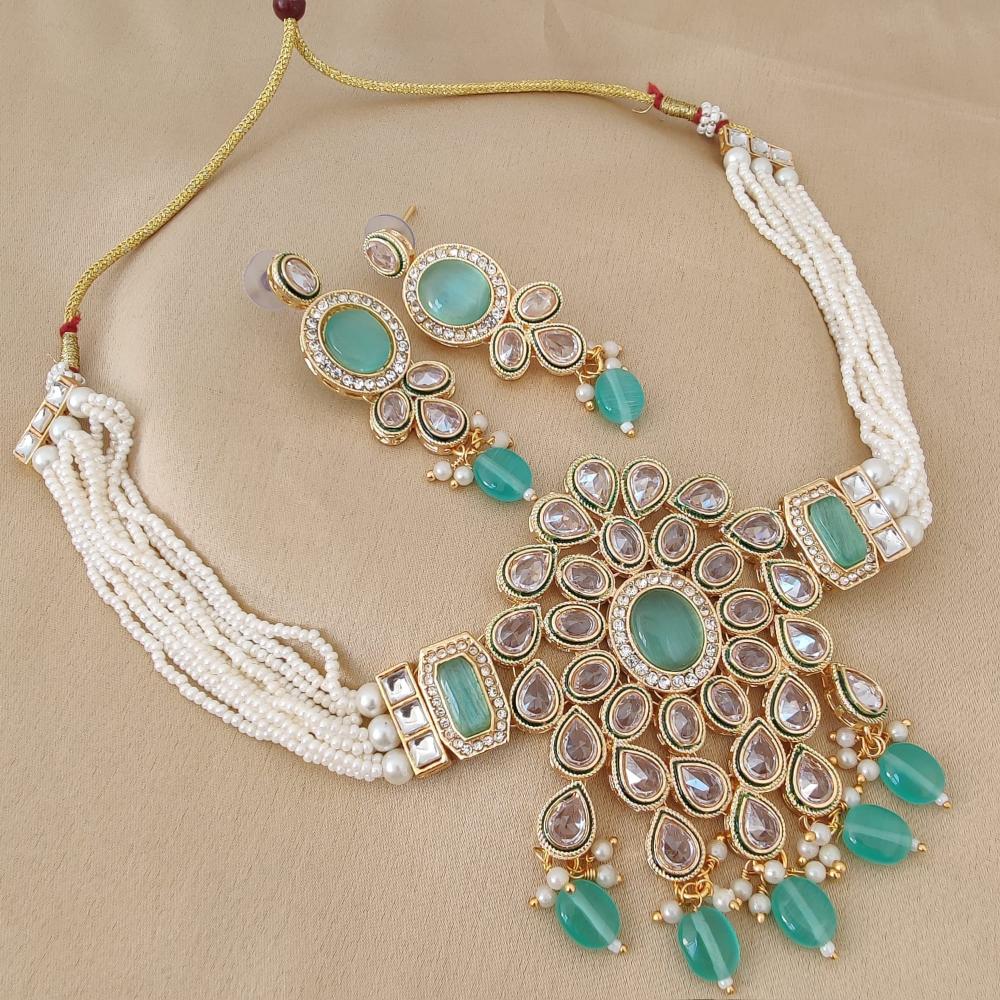 FS Collection Gold Plated Crystal Stone And Beads Choker Necklace Set