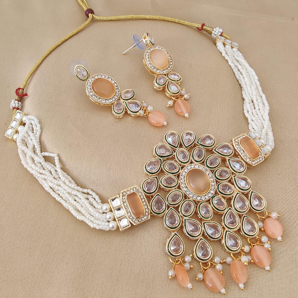 FS Collection Gold Plated Crystal Stone And Beads Choker Necklace Set